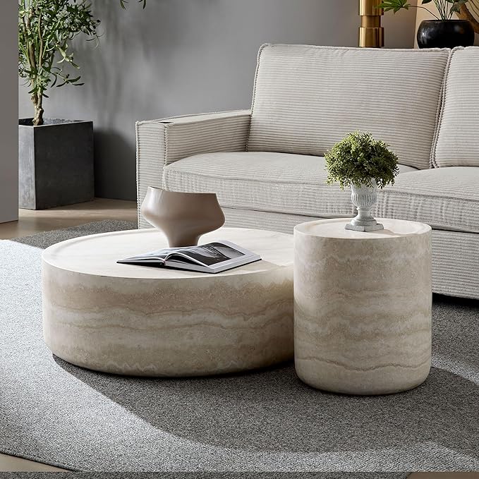 Round Coffee Table Set of 2 for Living Room Modern Drum Center Table Circle Side Tables for Apartment, No Need Assembly (Fiberglass 35.43" &15.74")