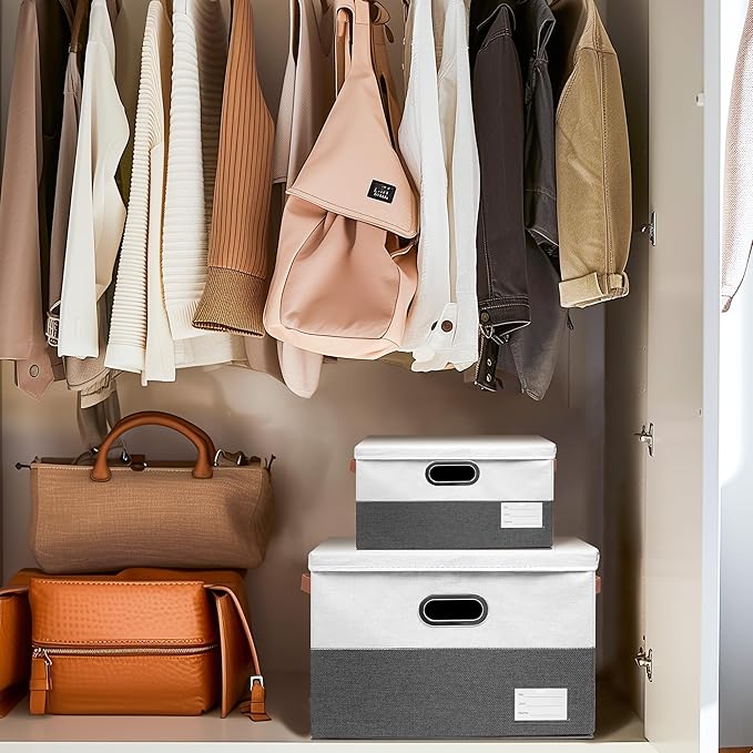 Foldable Fabric Storage Boxes with Lids, Collapsible Versatile Bins Baskets Cubes with Handles for Easy Organization in Closet, Living Room, and Bedroom (Grey & White, 3PCS/15 * 9.8 * 9.8in)-NeatNest