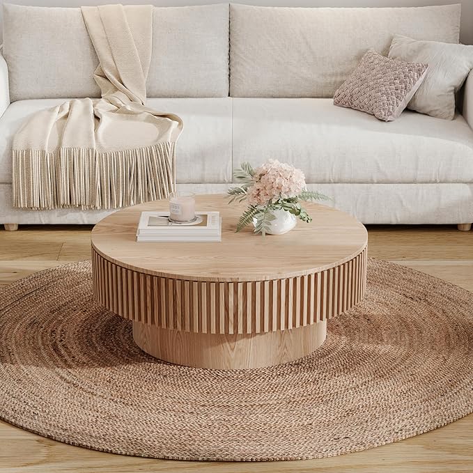 31.5'' Round Wood Coffee Table with Storage for Living Room Modern Fluted Coffee Table with Pedestal Circle Center Tables Accent Tea Table for Apartment, Natural Wood Oak