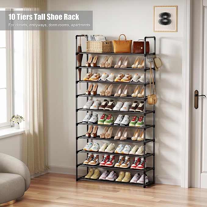 Shoe Rack, 10 Tier Shoe Storage Organizer with Hooks,Fit 40-45 Pairs Shoes,Metal Tall Shoe Shelf for Closet,Entryway, Hallway,Garage,Bedroom,Cloakroom-NeatNest