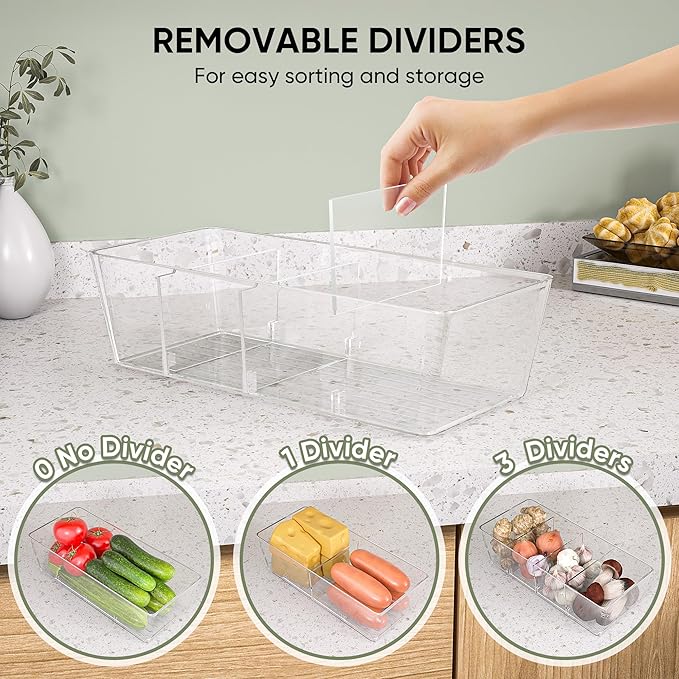 BALEINE Pantry Organizers and Storage Bins, Plastic Clear Storage Bins with 3 Removable Dividers, BPA-Free Fridge Organizers for Kitchen Cabinet Bathroom (10.5x6.1x3.5, 2PK)-NeatNest