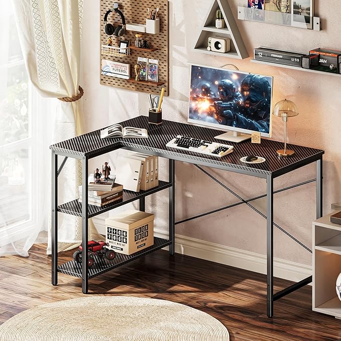 Huuger L Shaped Desk, 47 Inch Gaming & Home Office Desk with Reversible Storage Shelves, Metal Frame, Carbon Fiber Black-NeatNest