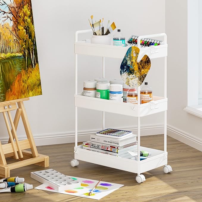 Ronlap 3 Tier Slim Rolling Storage Cart with Wheels Plastic Utility Cart Organizer for Snack Craft Art Postpartum Baby Diaper Nail Makeup in Bathroom Laundry Room Kitchen Bedside Narrow Space, White