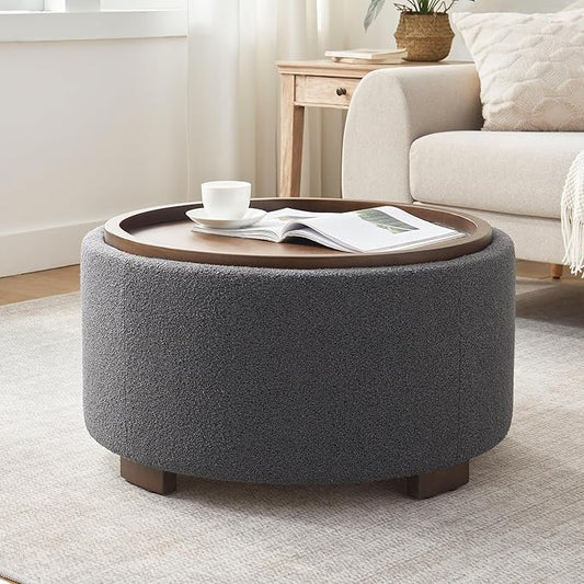 30 Inch Round Storage Ottoman Coffee Table, Modern Boucle Ottoman with Lift-Off Lid and Solid Wood Legs for Living Room, Bedroom, Corners, Apartments (Grey)