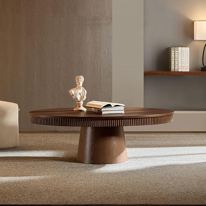 Coffee Table Modern Oval Wood Coffee Tables Mid Century Center Fluted Farmhouse Drum Tea Boho Wooden for Living Room Apartment Home Office Walnut 47.24" W x 26.77" D x 15.86" H-NeatNest