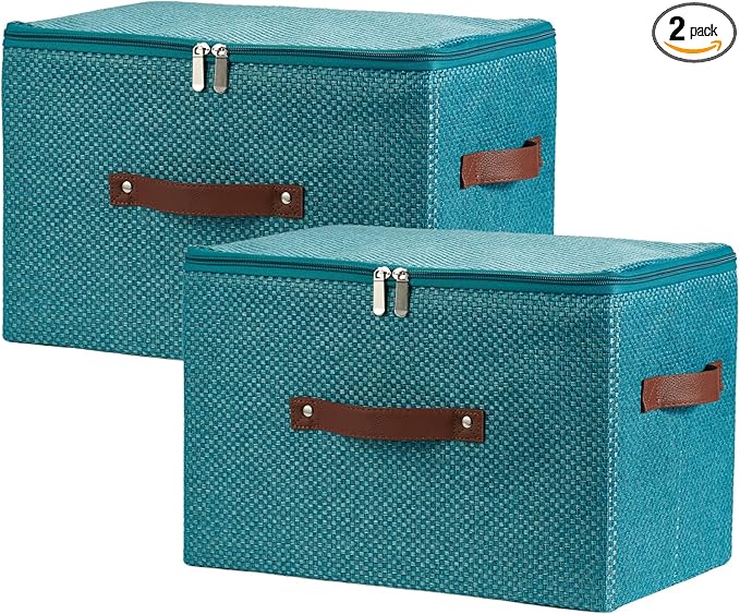 2PCS Storage Bins with Lid Fabric Storage Box Basket PU Leather Handle Textured Woven Cotton Linen Decorative Foldable Washable Shelf Closet Organizer Container (Zipper Lid, Blue, Large)-NeatNest