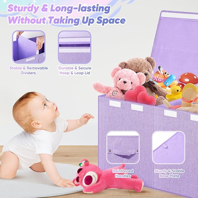 Extra Large Toy Box, Toy Chest for Kids Boys Girls, Collapsible Sturdy Storage Organizer with Mesh Pockets, 40"x14"x16" Kids Box Bins Baskets for Nursery, Playroom, Purple