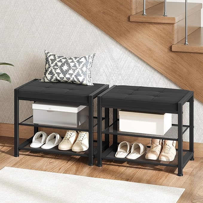 HOOBRO Small Shoe Bench, 3-Tier Shoe Rack, Shoe Storage Bench with PU Seat Cushion, Entryway Shoe Rack Bench with Metal Mesh Shelves, Freestanding Shoe Organizer for Hallway, Black BB33HX01
