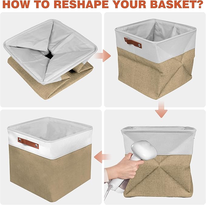 11in Open Fabric Storage Basket with Leather Handles for Organizing, Collapsible Linen Closet Bins for Shelves, Closets, Laundry, Decorative Basket for Gifts. (White＆Khaki, 2PCS/11x11in)-NeatNest