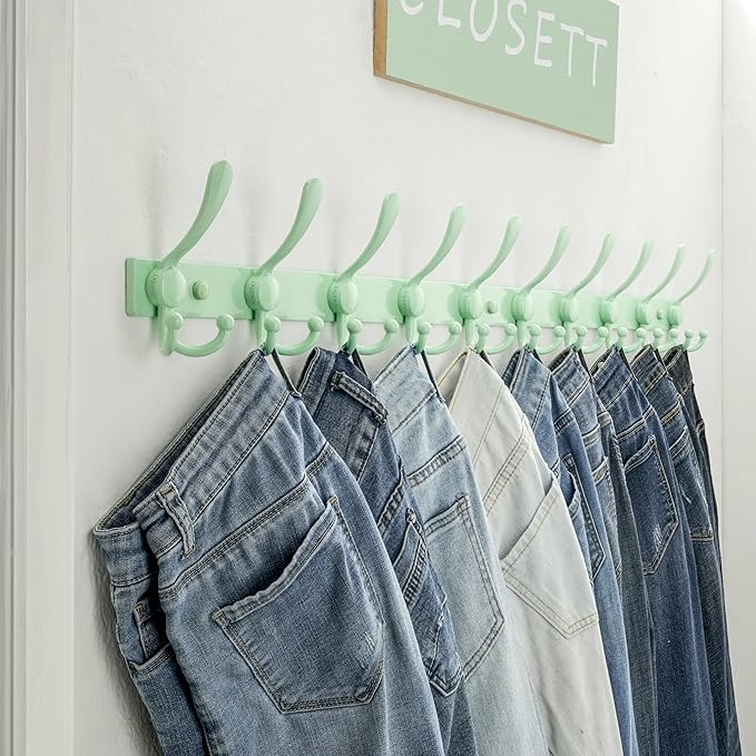 Dseap MaxStrong 2.0 Coat Rack Wall - 37” Long 10 Tri Hooks - Ultra Heavy-Duty Stainless Steel Wall Mount Coat Hanger, Hook Rail for Clothes Hats Jacket Towels Green, Pack of 2