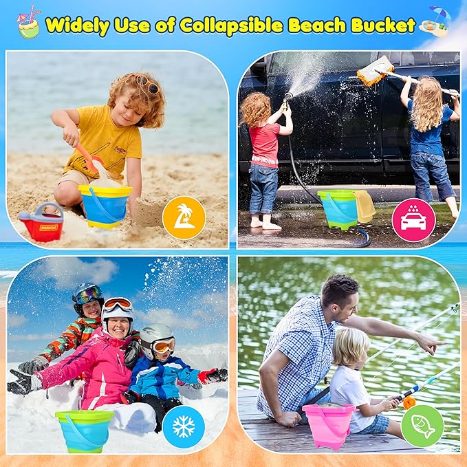 Collapsible Beach Sand Bucket 3 Packs Foldable Buckets Set with Shovels & Mesh Bag Collapsible Beach Toys for Kids Summer Sand Buckets for Kids Cruise Beach Essentials-NeatNest