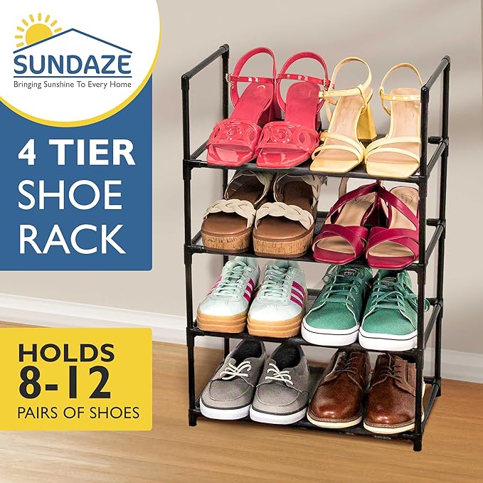 Sundaze Shoe Rack - 4 Tier Shoe Rack for Closet, Sturdy Stackable Shoe Organizer for Closet, Bedroom, Entryway, Garage, Non Woven Fabric Shelf, Black, Holds 8-12 Pairs-NeatNest