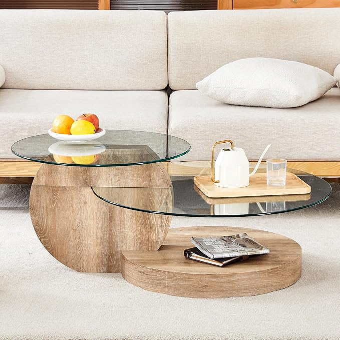 Glass Coffee Tables Round Coffee Tables for Living Room Modern 3 Tier Round Table Circle Coffee Table for Small Space Home Office (42 Inch Light Wood)
