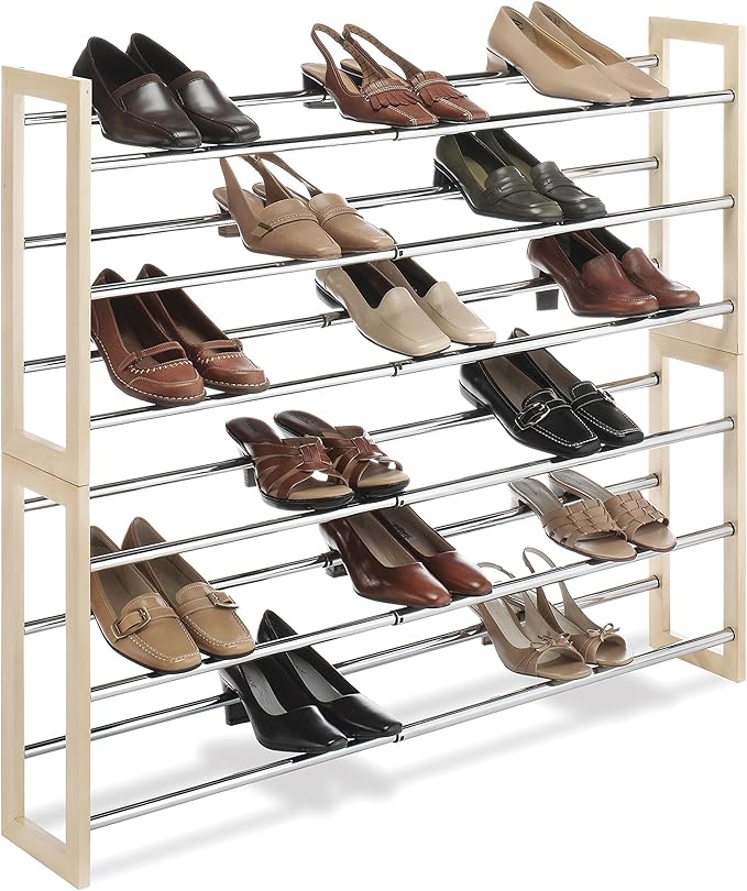 Whitmor 3 Tier Expandable Shoe Rack -Stackable - Natural Wood and Chrome-NeatNest