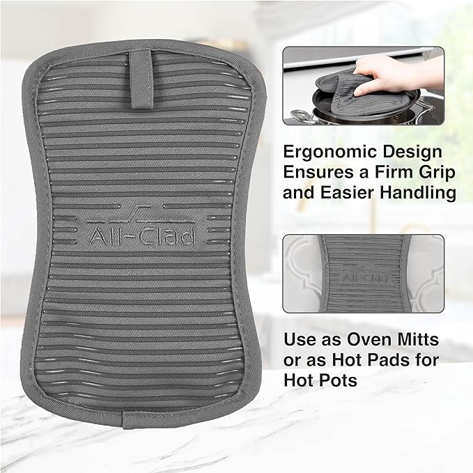 All-Clad Premium Pot Holder & Hot Pad: Heat Resistant to 500 Degrees - 100% Cotton, 10""x6.25"" Hot Pad for Kitchen and Barbeque, (1-Pack), Pewter