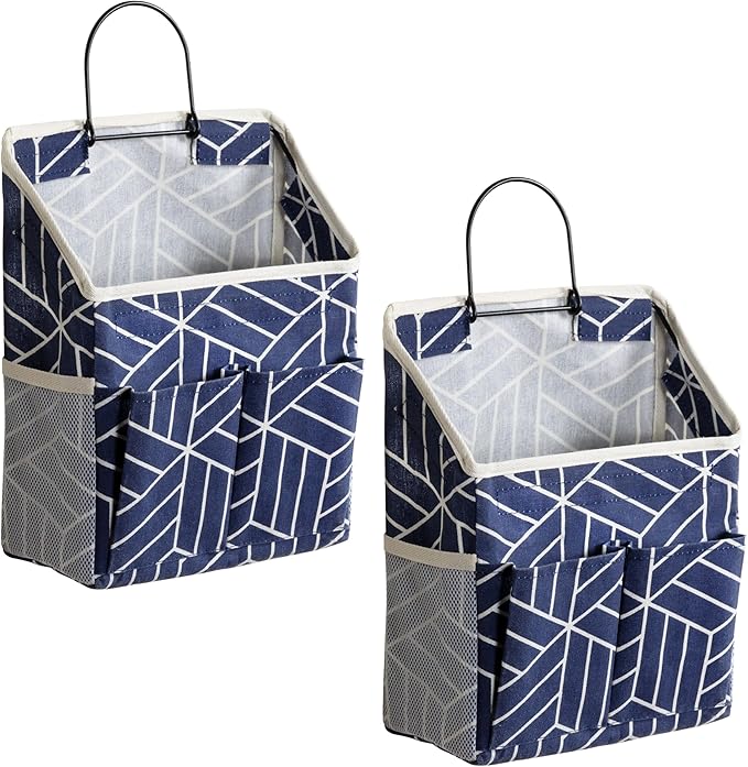 2pcs Wall Hanging Storage Bag, Small Door Closet Linen Fabric Pockets Organizer, Waterproof Multi Functional for Living Room Bedroom Bathroom Kitchen RV Camper with Hooks Pattern Navy-NeatNest