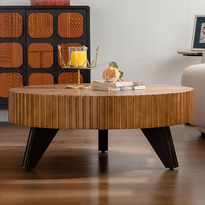 kevinplus 35.4'' Walnut Round Coffee Table Wood Modern Coffee Table for Living Room, Easy Assembly, Walnut