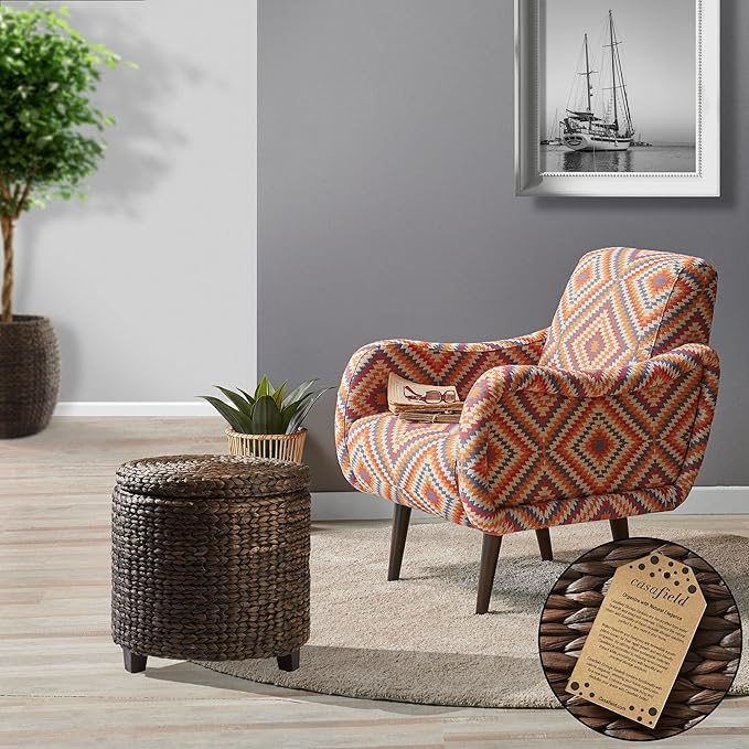 Casafield 17" Round Storage Ottoman with Lid - Espresso, Handwoven Water Hyacinth Footstool for Living Room, Bedroom, Bathroom, Home Office-NeatNest