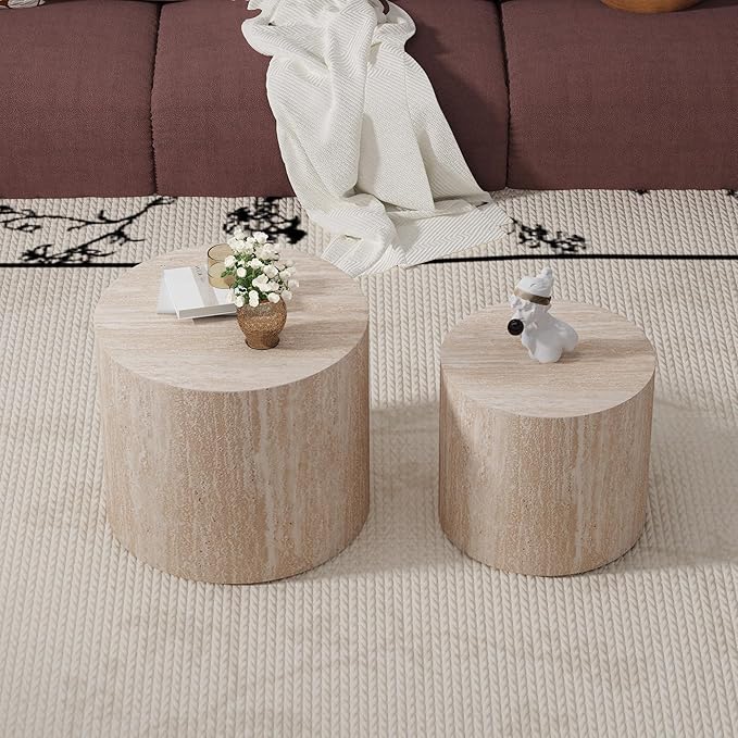 Round Nesting Coffee Table Set of 2 Modern Wood Coffee Tables Handcraft Drum Coffees Table Farmhouse Round Sofa Side Tables End Table for Living Room Small Spaces, No Assembling (Travertine)