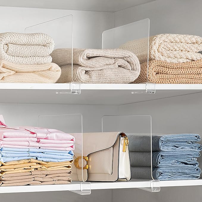 HBlife 2 Pack Clear Shelf Dividers, Vertical Purse Organizer for Closet Perfect for Sweater, Shirts, Handbags in Bedroom and Kitchen, Adjustable Acrylic Bookshelf for Organization-NeatNest