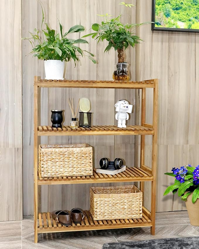 4-Tier Long Acacia Wood Shoe Rack, Wide Natural Shoe Storage Shelf for Entryway, Stackable Wooden Plant Stand Organizer for Closet, Bedroom, Kitchen, Indoor and Outdoor-NeatNest