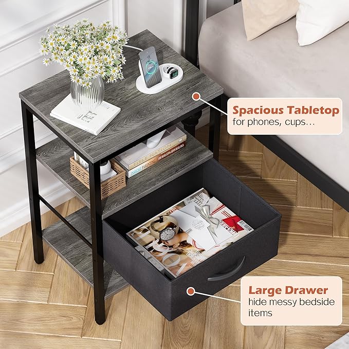 SUPERJARE Nightstand Set of 2, Bed Side Tables with Charging Station, Adjustable Fabric Drawer, Night Stand for Bedroom, 3-Tier Storage End Tables, for Living Room - Charcoal Gray