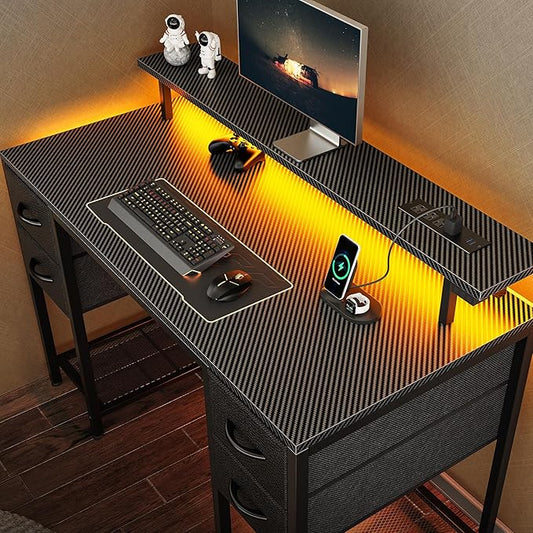 Huuger 47 inch Computer Desk with 4 Drawers, Gaming Desk with LED Lights & Power Outlets, Home Office Desk with Large Storage Space for Bedroom, Work from Home, Carbon Fibre Black-NeatNest