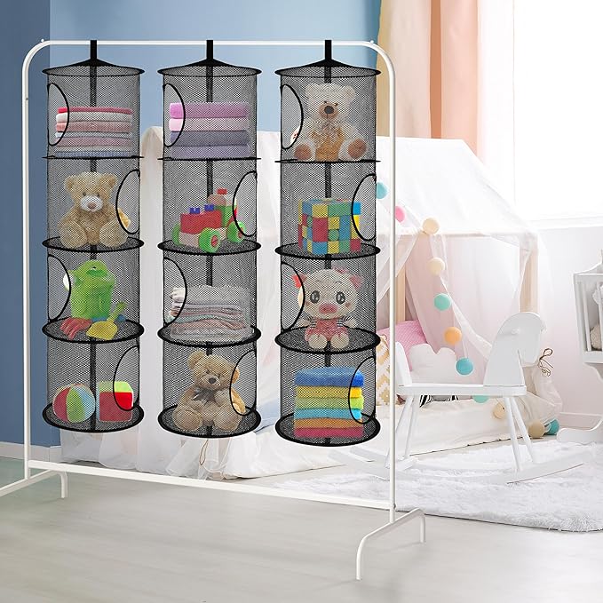 3Pcs Hanging Mesh Space Saver Bags Organizer, Foldable Storage Organizer 4 Compartments Toy Storage Organizer for Kid Room Toys, Gloves,Hats,Socks Storage (Black)-NeatNest