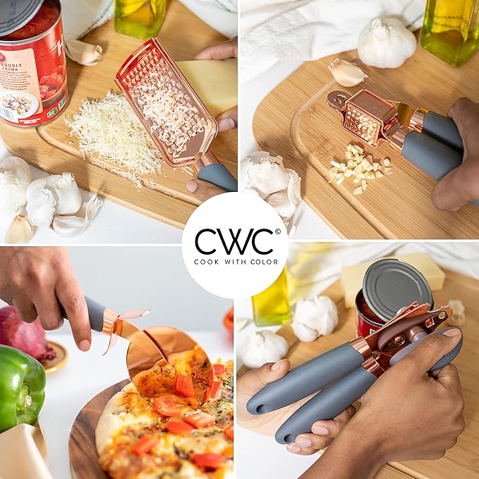 COOK WITH COLOR Kitchen Gadget Set Copper Plated Stainless Steel Utensils with Soft Touch Handles, Copper Grey, 7 Pieces-NeatNest