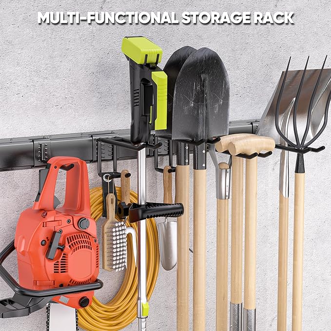 Garden Tool Organizer Wall Mount, 64 inches Tool Storage Rack with Adjustable Hooks, 600lbs Adjustable Heavy Duty Metal Hooks, Yard Shed Rack Holder System Hanging Rake Broom Mop Snowboard, Men Gift