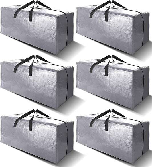 6 Pack Heavy Duty Extra Large Moving Bags W/Backpack Straps - Strong Handles & Zippers, Storage Totes For Space Saving, Fold Flat, Alternative to Box and Bin (40 gal, Silver)