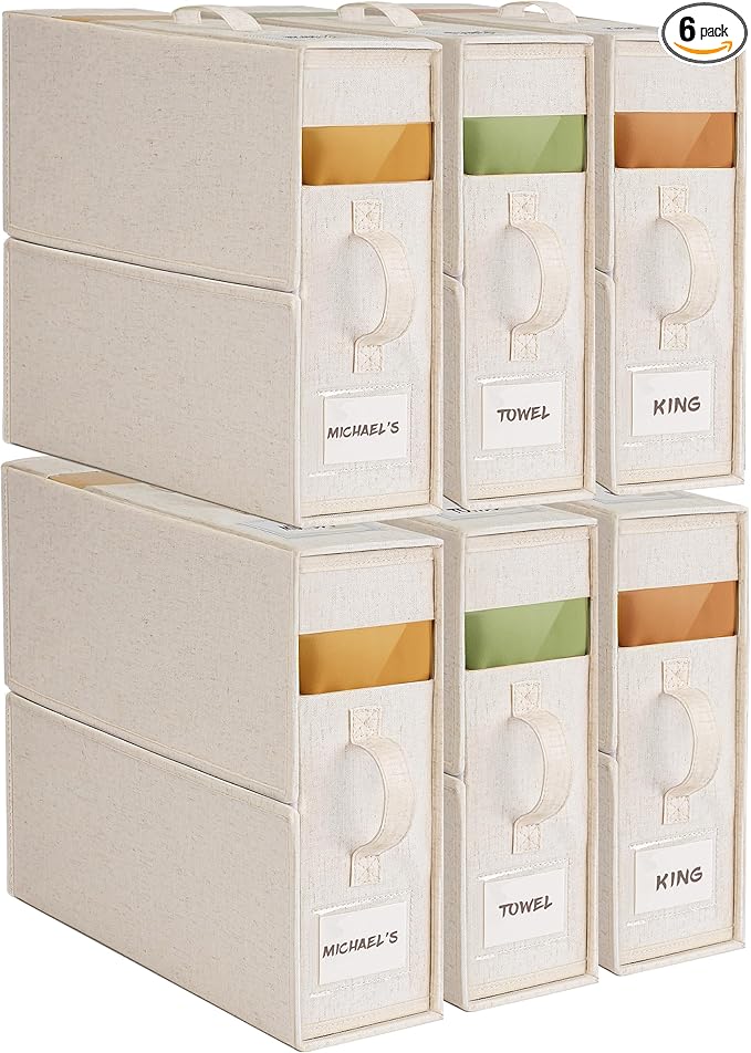 6Pack Sheet Organizers and Storage with Handles – Foldable Linen Closet Storage for King & Queen Sheet Sets – Clear Window & Removable Labels – Dustproof & Space-Saving Design,Off-white-NeatNest
