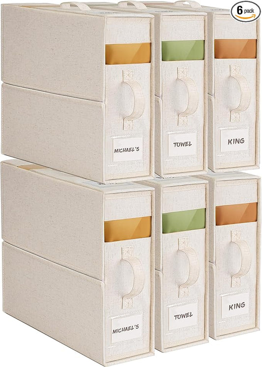 6Pack Sheet Organizers and Storage with Handles – Foldable Linen Closet Storage for King & Queen Sheet Sets – Clear Window & Removable Labels – Dustproof & Space-Saving Design,Off-white-NeatNest