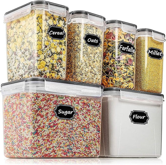 Wildone Airtight Food Storage Containers Cereal & Dry Food Storage Container Set of 6(Black Lid), Leak-proof & BPA Free, With 1 Measuring Cup & 20 Chalkboard Labels & 1 Chalk Marker-NeatNest