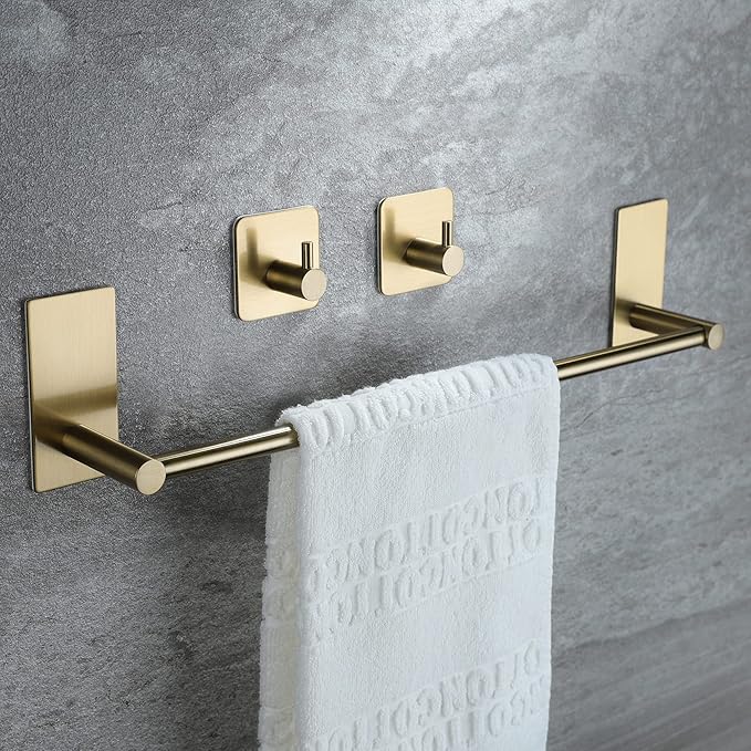 Taozun Golden Towel Bar Set- Self Adhesive Towel Holder + 2 Packs Towel Hooks Bathroom Accessories, 16-Inch Towel Rack for Bathroom Stainless Steel Brushed Brass