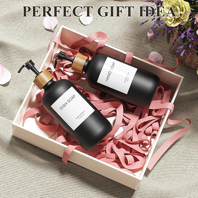 Cisily 2 Pack Black Kitchen Soap Dispenser Set with Wooden Pump, Dish and Hand Soap Lotion Dispenser Set with 6 Waterproof Stickers for Kitchen and Bathroom Decor for Counter, Modern Vintage Liquid-NeatNest