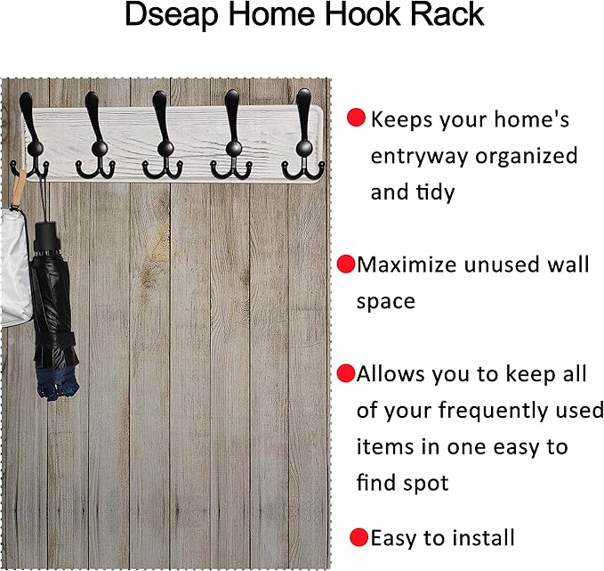 Dseap Coat Rack Wall Mounted - 5 Tri Hooks, Heavy Duty, Wooden Wall Coat Hanger Coat Hook for Clothes Hat Jacket Clothing, White & Black, Pack of 2