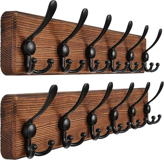 Dseap Coat Rack Wall Mounted - 24" Long 6 Tri Hooks, Heavy Duty Wooden Wall Coat Hanger Coat Hook for Clothes Hat Jacket Clothing, Natural and Black, Pack of 2