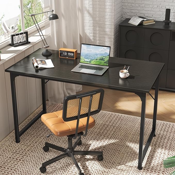 Huuger 48 Inch Office & Gaming Desk with Storage, Modern Simple Design, Large Legroom, Black Metal Frame-NeatNest