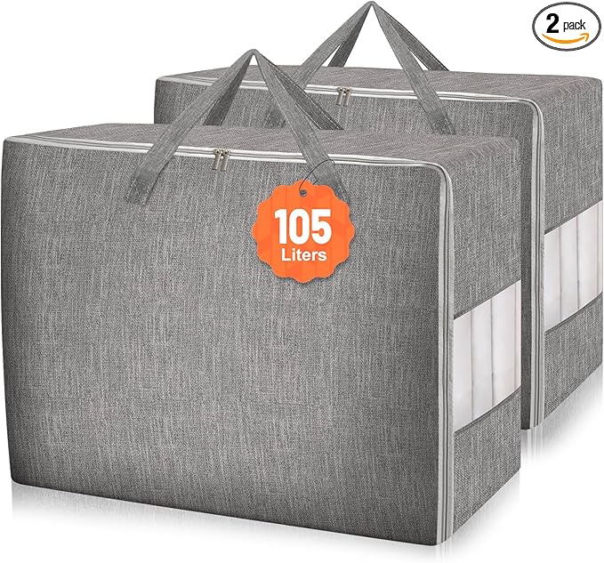 2 Pack 105L Comforter Storage Bags, Extra Large Bedding Storage Bags with Clear Window, Reinforced Handles & Zippers, Foldable Closet Organizers for Blanket Pillow Clothes-NeatNest