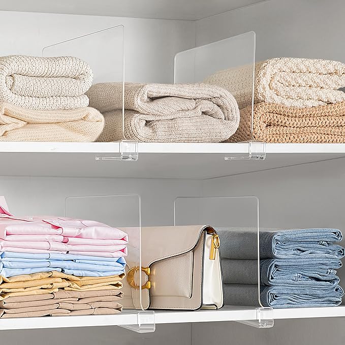 HBlife 5 Pack Clear Shelf Dividers, Vertical Purse Organizer for Closet Perfect for Sweater, Shirts, Handbags in Bedroom and Kitchen, Adjustable Acrylic Bookshelf for Organization-NeatNest
