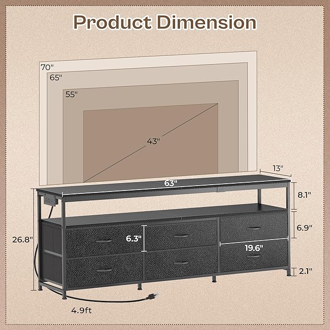 Huuger 63 Inch TV Stand for 55, 65, 70 Inch TV, Long Dresser TV Stand for Bedroom, Black LED TV Stand with Power Outlets, Fabric Drawer Dresser with Storage, Entertainment Center for Living Room-NeatNest