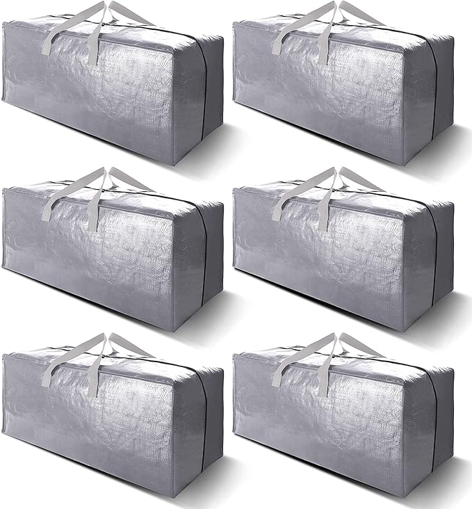 Heavy Duty Extra Large Moving Bags W/Backpack Straps - Strong Handles & Zippers, Storage Totes For Space Saving, Fold Flat, Alternative to Moving Box and Storage Bin (Set of 6, Silver)