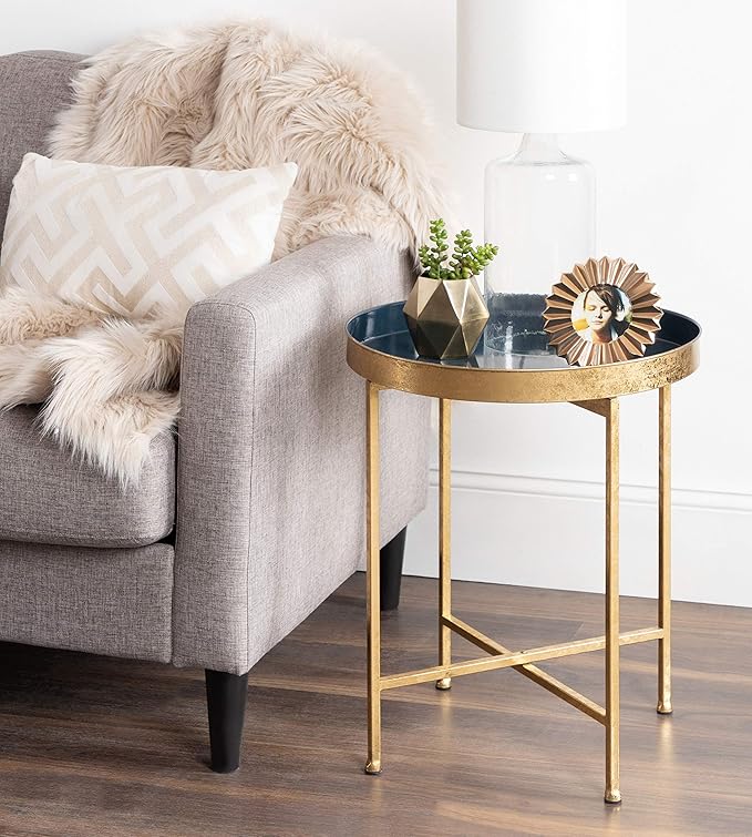 Kate and Laurel Celia Metal Foldable Round Accent Table, 18.25" x 18.25" x 22", Navy Surface and Gold Frame, Modern Minimalist Design and Detachable Magnetic Tabletop