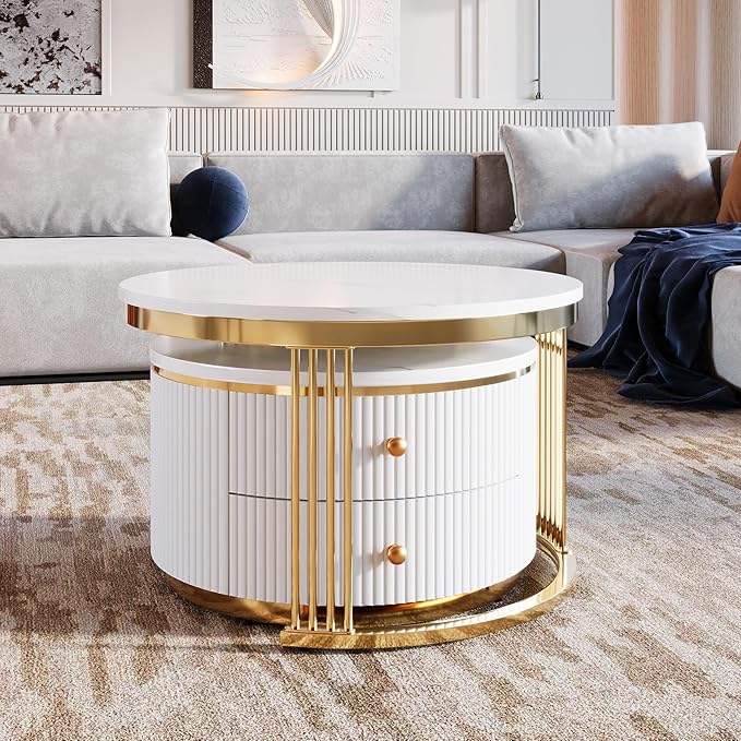 Modern 2 Pieces Round Nesting Coffee Table with Drawers Multiple End Tables Utility Table Telephone Table for Living Room Office Bedroom Balcony, Gold & White