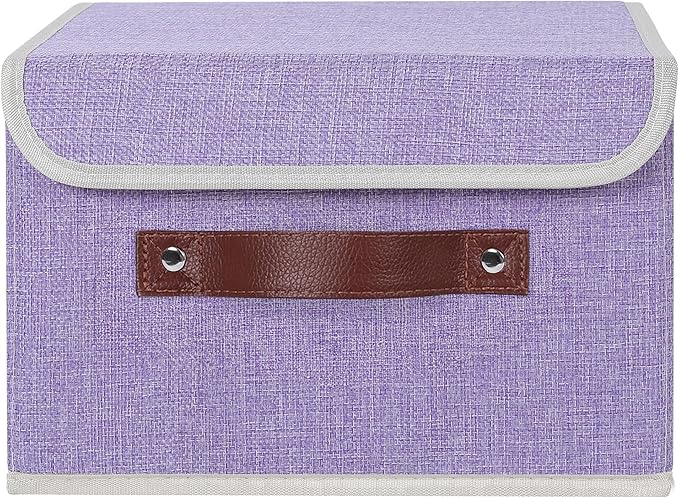 ANMINY Storage Bin with Lid Storage Boxes with PU Leather Handles PP Plastic Board Decorative Foldable Lidded Cotton Linen Fabric Home Cubes Baskets Closet Organizer Container - Purple, Small Size-NeatNest