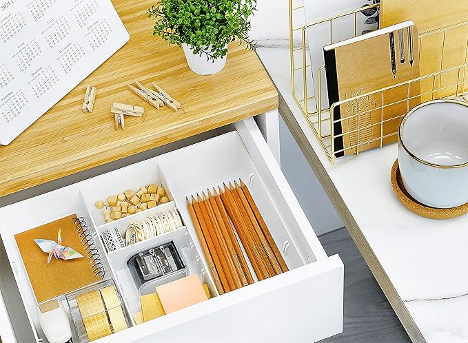 CAXXA 3 Slot Drawer Organizer with 4 Adjustable Dividers - Drawer Storage 7 Compartments Junk Drawer Organizer for Office Desk Supplies and Accessories, White-NeatNest