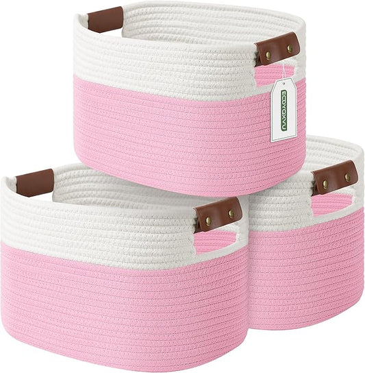 Cotton Rope Basket , Storage Baskets with Handle, 15x10x9 Inch Woven Basket for Shelves, Laundry, Towels, Clothes, Books, Toys (White/Pink 3Pack)-NeatNest