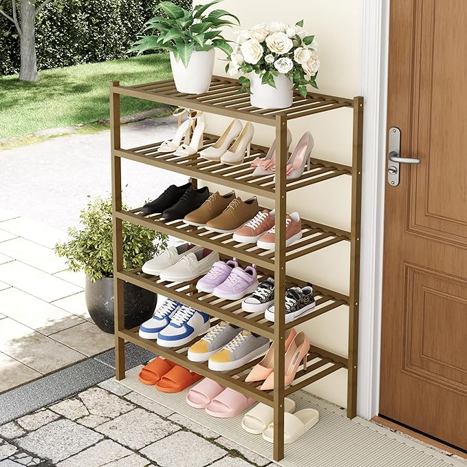 Smiry Shoe Rack, 5 Tier Thick Bamboo Shoe Organizer, Stackable Free Standing Wooden Shoe Storage Shelf for Closet, Entryway, Front Door Entrance, Walnut-NeatNest