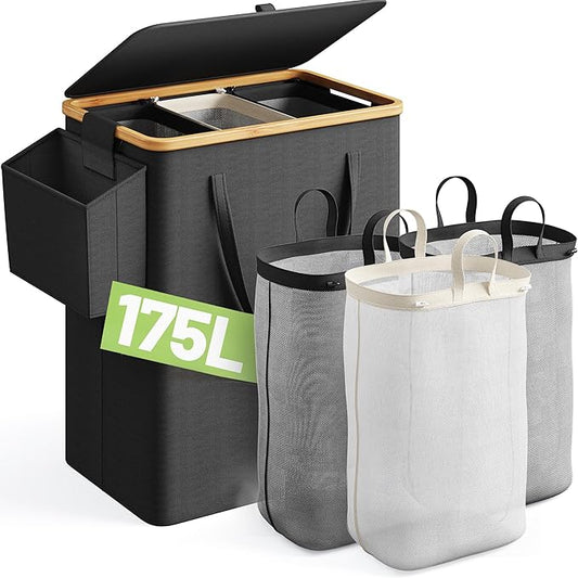 175L Laundry Hamper with Lid 3 Section, Extra Large Laundry Basket with 3 Removable Bags, 46 GAL Laundry Basket Organizer for Bedroom, Laundry Room, Dorm, Black-NeatNest